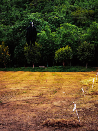 Skull with black robe decoration for Halloween on lawn in garden. Scary evil skull decorations. Halloween background. Holiday of Halloween and Thanksgiving.  Outdoor halloween. Ghost or scary hanging.の写真素材
