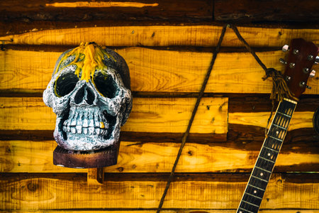 Scary evil skull. Outdoor halloween decoration. Halloween skeleton for decoration party. Artificial Ghost or scary for party.Trick or treat. Halloween background. Holiday of Halloween and Thanksgivingの写真素材
