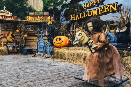KANCHANABURI,THAILAND-OCTOBER 11,2023 : View of beautiful design and decoration of the cafe to welcome the Halloween festival party for tourists to celebrate with fun and happiness at CHAN nature cafeのeditorial素材