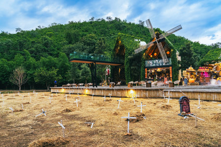 KANCHANABURI,THAILAND-OCTOBER 11,2023 : View of beautiful design and decoration of the cafe to welcome the Halloween festival party for tourists to celebrate with fun and happiness at CHAN nature cafeのeditorial素材