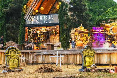 KANCHANABURI,THAILAND-OCTOBER 11,2023 : View of beautiful design and decoration of the cafe to welcome the Halloween festival party for tourists to celebrate with fun and happiness at CHAN nature cafeのeditorial素材