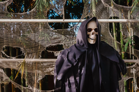 Skull with black robe decoration for Halloween on lawn in garden. Scary evil skull decorations. Halloween background. Holiday of Halloween and Thanksgiving.  Outdoor halloween. Ghost or scary hanging.の写真素材