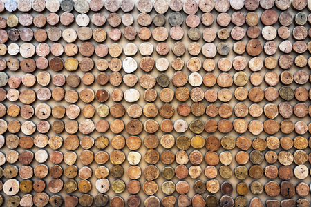 Many logs of trees in nature decorate on wall. A lot of cutted logs background. Cross section of tree trunks background. Decoration of cutting tree. Cutting tree trunks placed together for decorate.の写真素材