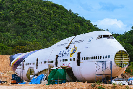 KANCHANABURI,THAILAND-SEPTEMBER 6,2024 : Construction of new cafe and restaurant using an old commercial airplane from Thai Airways to renovation for a new beautiful landmark surrounded by mountains.のeditorial素材