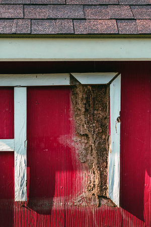 Large brown termite nests grow on wooden window. Background and texture of nest termite at wooden...