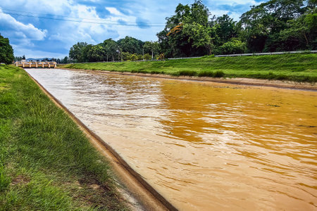 View of irrigation canal with weeds and debris flowing together with strong flowing dirty brown water due to soil and mud from forest after heavy rains and floods. La Nina crisis, Water pollution.の写真素材