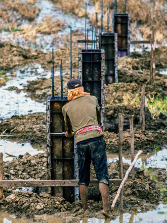 Male worker with Construction of concrete pillars in paddy field. Formwork with reinforcement bar...