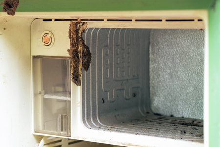 Termite habitats in freezer compartment of an old abandoned refrigerator. Old abandoned termite nest in the refrigerator. View of termite colonies lined up to damage and degradation. Selective focus.の写真素材