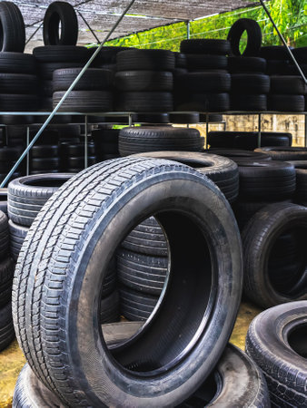 Old used many tires stacked with high piles in car repair shop. Piles of old black rubber tyres. Pile of pneumatic tyres background. Warehouse of old tires for recycling. Vehicle part. Wheel tyresの写真素材