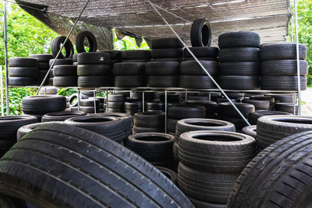 Old used many tires stacked with high piles in car repair shop. Piles of old black rubber tyres. Pile of pneumatic tyres background. Warehouse of old tires for recycling. Vehicle part. Wheel tyresの写真素材