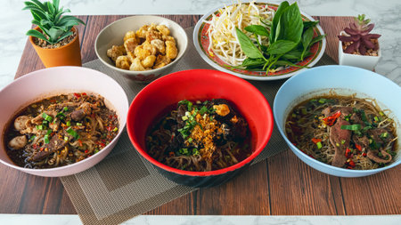 Noodles with pork and beef, pork and beef balls, pork crackling and vegetable with basil and sprouts. Thai Boat Noodle Soup. Pork or beef noodle dark soup with pork rinds. Noodle brothの写真素材