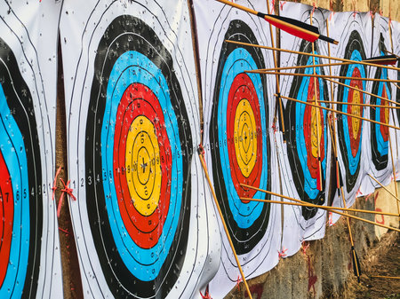 View of colorful archery target pierced by wooden arrows. Worn surface and clustered hits show repeated practice and focus on precision in outdoor training. Shooting target riddled with arrow holes.の写真素材