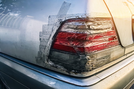 Broken taillight on car and sealed with transparent tape. Broken car stop signal repaired with scotch tape. Tail light of damage car by accident and covered with transparent duct tape, broken, repairの写真素材