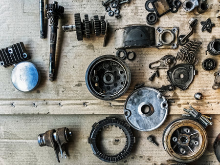 Old parts of motorcycles background. Repair and maintenance old parts of engine. Old motorcycle...