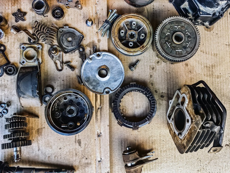 Old parts of motorcycles background. Repair and maintenance old parts of engine. Old motorcycle...