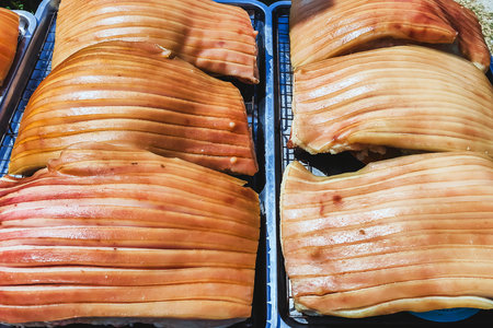 Pork belly with scored skin resting on tray to dry in sun, showing gelatinous layers and golden tones. Ideal for cooking process or food prepare concept. Process of making delicious crispy pork.の写真素材