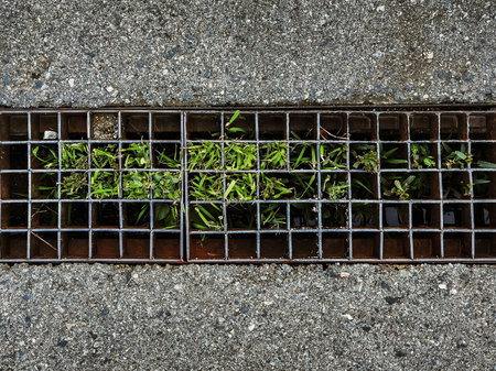Plants and grass growing out of drain grate. Steel grating of drainage pipe has weeds growing in...