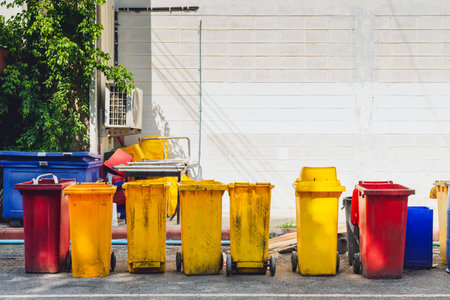 Lot of colorful trash cans on street. Wheelie bins in row segregated for recycling rubbish. Multicolor plastic containers for garbage. Garbage sorting. Waste management removal concept. Rubbish bins.の写真素材