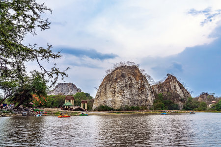 Beautiful nature scenic landscape with mountain range and beautiful hidden spot in Khao Ngu Stone...