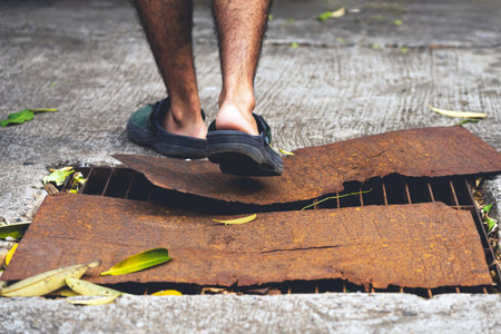 Pedestrian feet wear sandals walk over damaged drain pipe and covered with rusty steel plates on...
