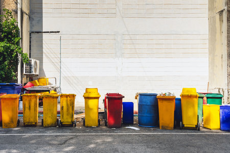 Lot of colorful trash cans on street. Wheelie bins in row segregated for recycling rubbish. Multicolor plastic containers for garbage. Garbage sorting. Waste management removal concept. Rubbish bins.の写真素材