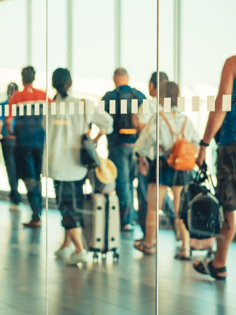 Photograph through large clear glass wall with blurred image of departing passengers and luggage...