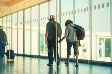 Photograph through large clear glass wall with blurred image of departing passengers and luggage walking airplane boarding corridor from terminal to plane in background. Selective focus on glass.の写真素材