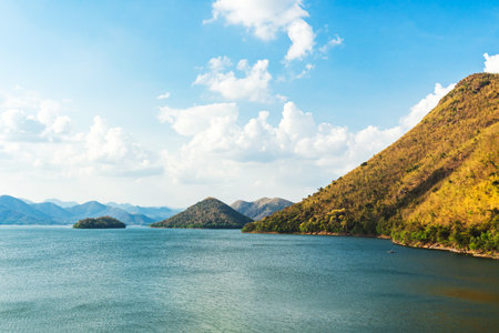 Beautiful view of Srinagarind Dam reservoir in Kanchanaburi, Thailand. Landscape with mountains. Coastal landscape with ocean, island. Background for nature and travel concepts.の写真素材