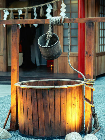 Wooden bucket and rope with beautiful artesian well made by wood and wheel pulley in front of house. Retro wooden water well in rural area. Garden decoration with Japanese style antique items.の写真素材