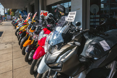 KANCHANABURI, THAILAND -JULY 15, 2019 : Special discounted beautiful new Honda motorcycles and...