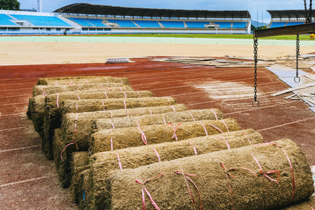 Stacked fresh green grass rolls with visible soil and roots for landscape service. Turf rolls stacked for instant lawn installation project. Fresh natural sod rolls for instant lawn and ground cover.の写真素材