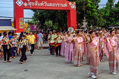KANCHANABURI, THAILAND-APRIL 13, 2024 : Group of Thai youth people performing traditional dance in...
