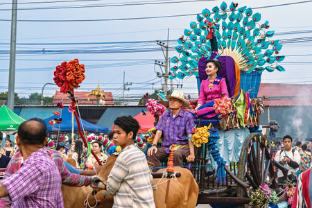 KANCHANABURI,THAILAND-APRIL 13, 2024 : Beautiful traditional Songkran parade featuring a unique and...
