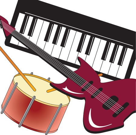 Guitar, piano and drum on white background のイラスト素材