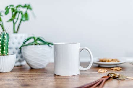 A coffee mug, a camera, green plants on a wooden surface. Side viewの写真素材