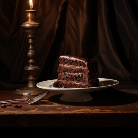 Indulge in a classic still life composition featuring an intricately layered chocolate cake slice....