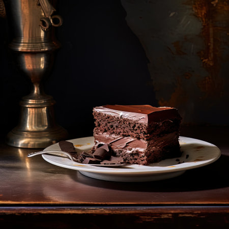 Indulge in a classic still life composition featuring an intricately layered chocolate cake slice....