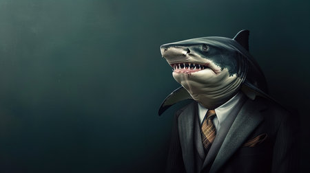 Taking a bite out of the competition: Shark in a suit means business!. High quality photoの写真素材