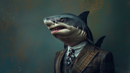 Taking a bite out of the competition: Shark in a suit means business!. High quality photoの写真素材
