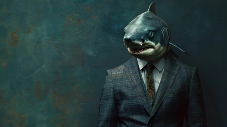 Taking a bite out of the competition: Shark in a suit means business!. High quality photoの写真素材