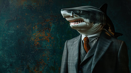Taking a bite out of the competition: Shark in a suit means business!. High quality photoの写真素材