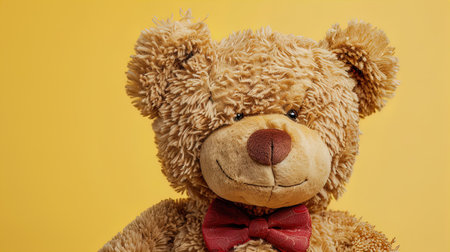 Close-Up Portrait of a Teddy Bear with a Red Bow Tie on Yellow Backgroundの素材