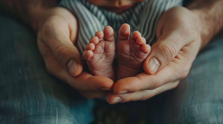 Tender and Intimate Scene of Babys Feet Cradled in Parents Handsの素材