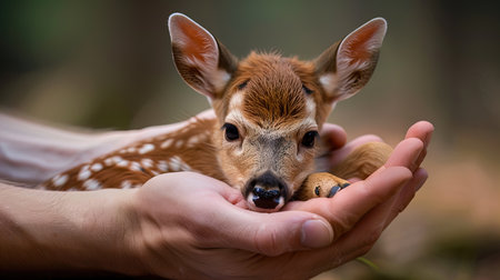 Tender and Intimate Scene of a Fawn Cradled in Human Handsの素材