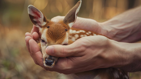 Tender and Intimate Scene of a Fawn Cradled in Human Handsの素材