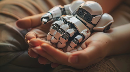 Tender and Intimate Scene of a Human Hand Holding a Robotic Handの素材