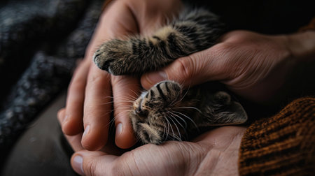 Tender and Intimate Scene of a Kittens Paws Held in Human Handの素材