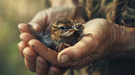 Tender and Intimate Scene of a Baby Bird Held in Human Handsの素材