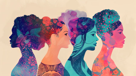 Artistic Illustration of Floral Female Profiles - Vibrant and Creative Design for Posters or Home Decorの素材