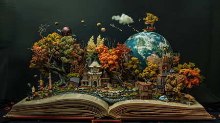 Elaborate Diorama of a Miniature World Emerging from an Open Book - Detailed Fantasy Scene for Creative Storytelling and Decorの素材